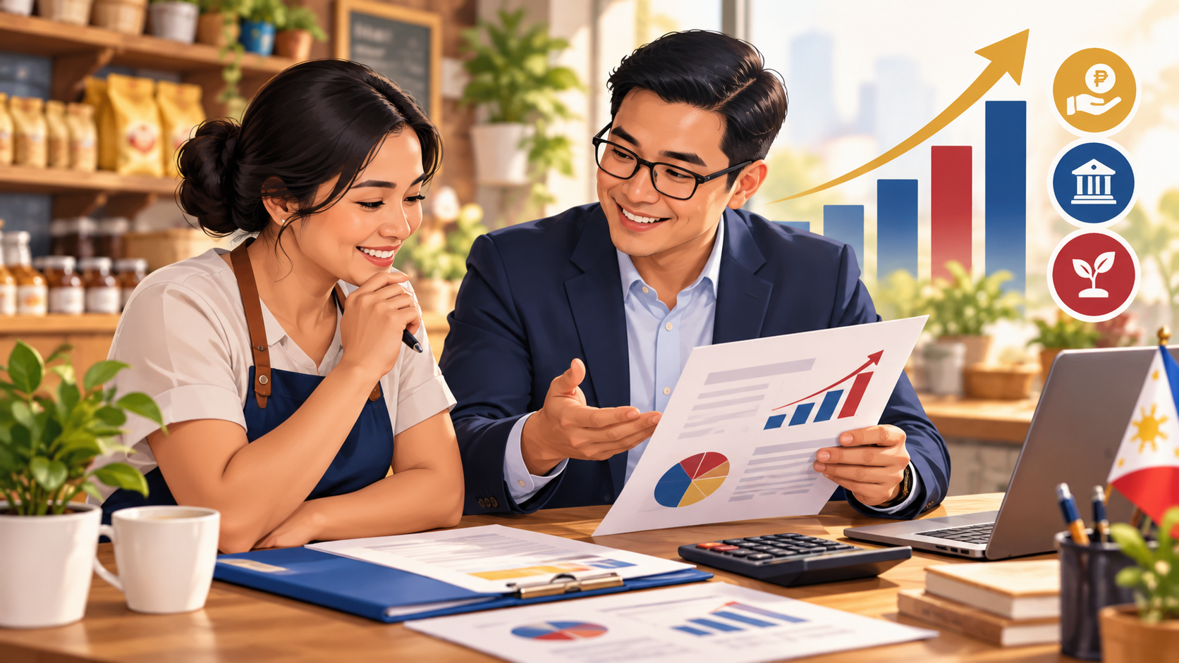 Small business owners reviewing financing options with an adviser