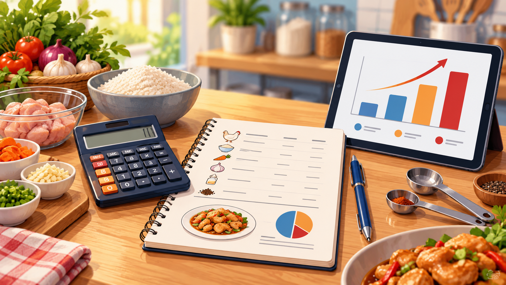 Food costing workspace with ingredients, calculator, and recipe sheet